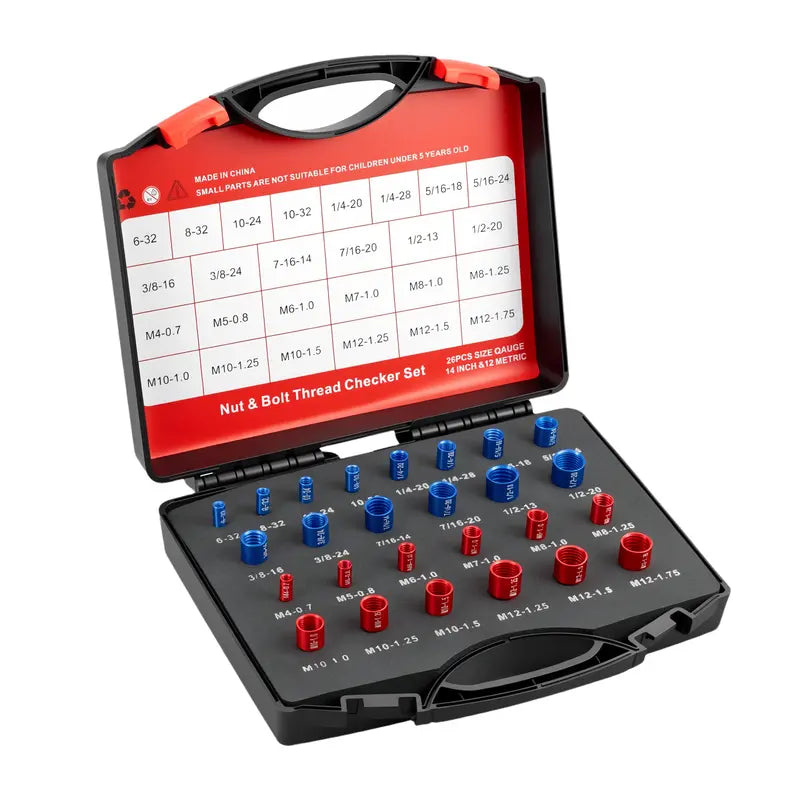 26/44-Piece Nut & Bolt Thread Checker Set – Metric & SAE Thread Gauge with Portable Carrying Case