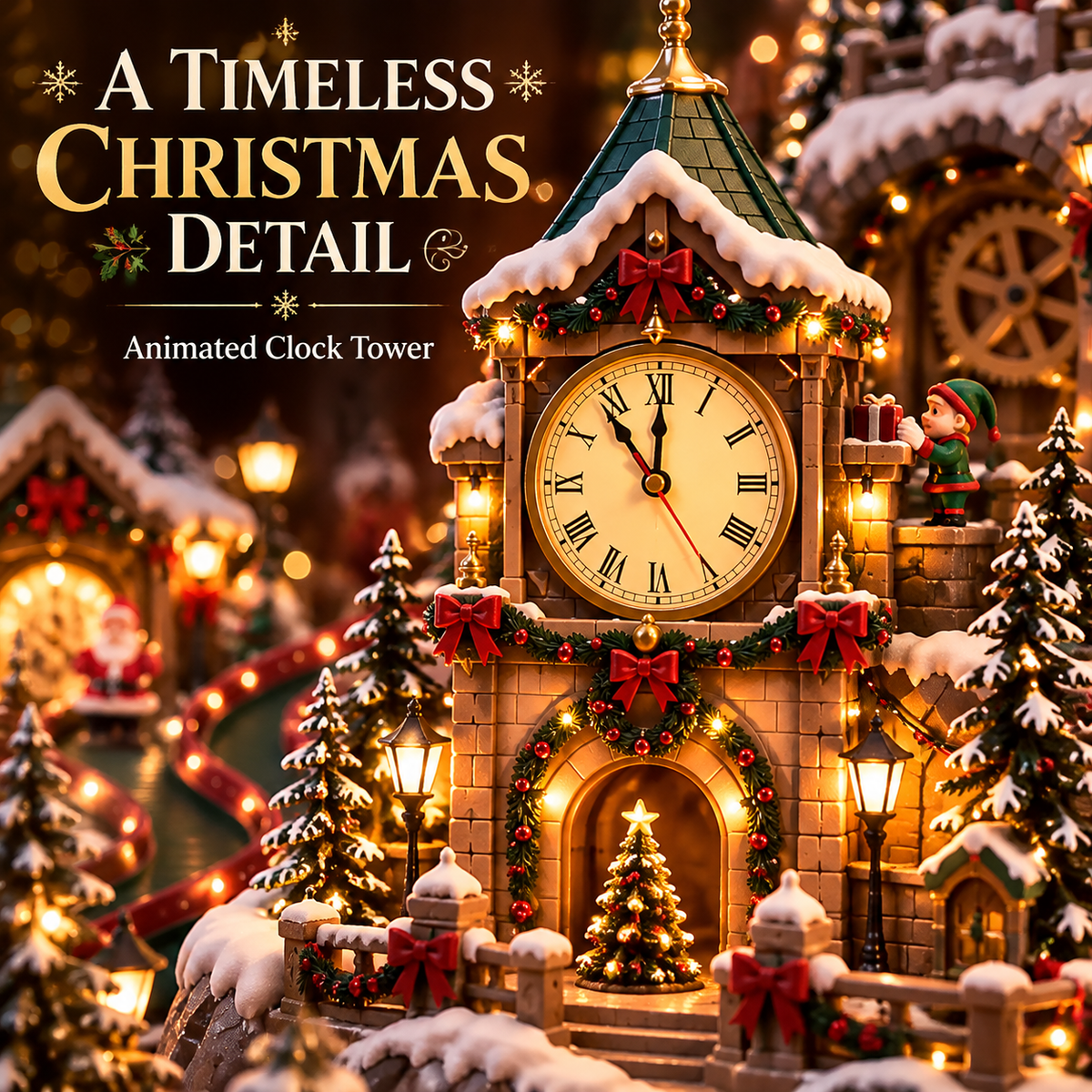Animated Christmas Toy Factory Village with Moving Clock & Gift Conveyor, USB-C Rechargeable Lighted Holiday Centerpiece