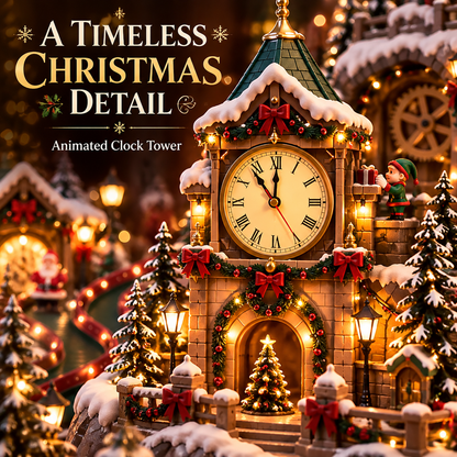 Animated Christmas Toy Factory Village with Moving Clock & Gift Conveyor, USB-C Rechargeable Lighted Holiday Centerpiece