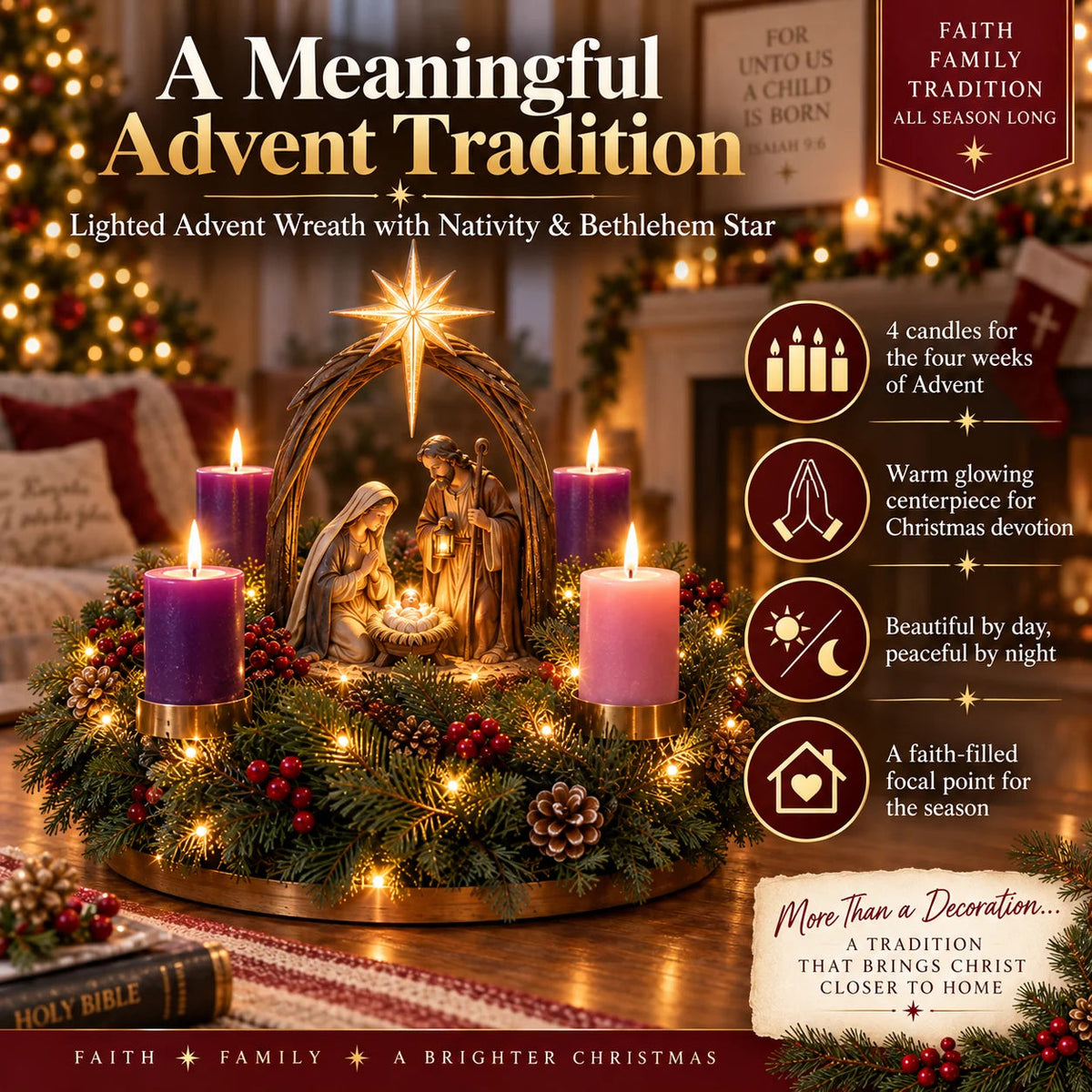 ✝️ Lighted Nativity Advent Wreath – A Sacred 4-week Christmas Tradition🕯️