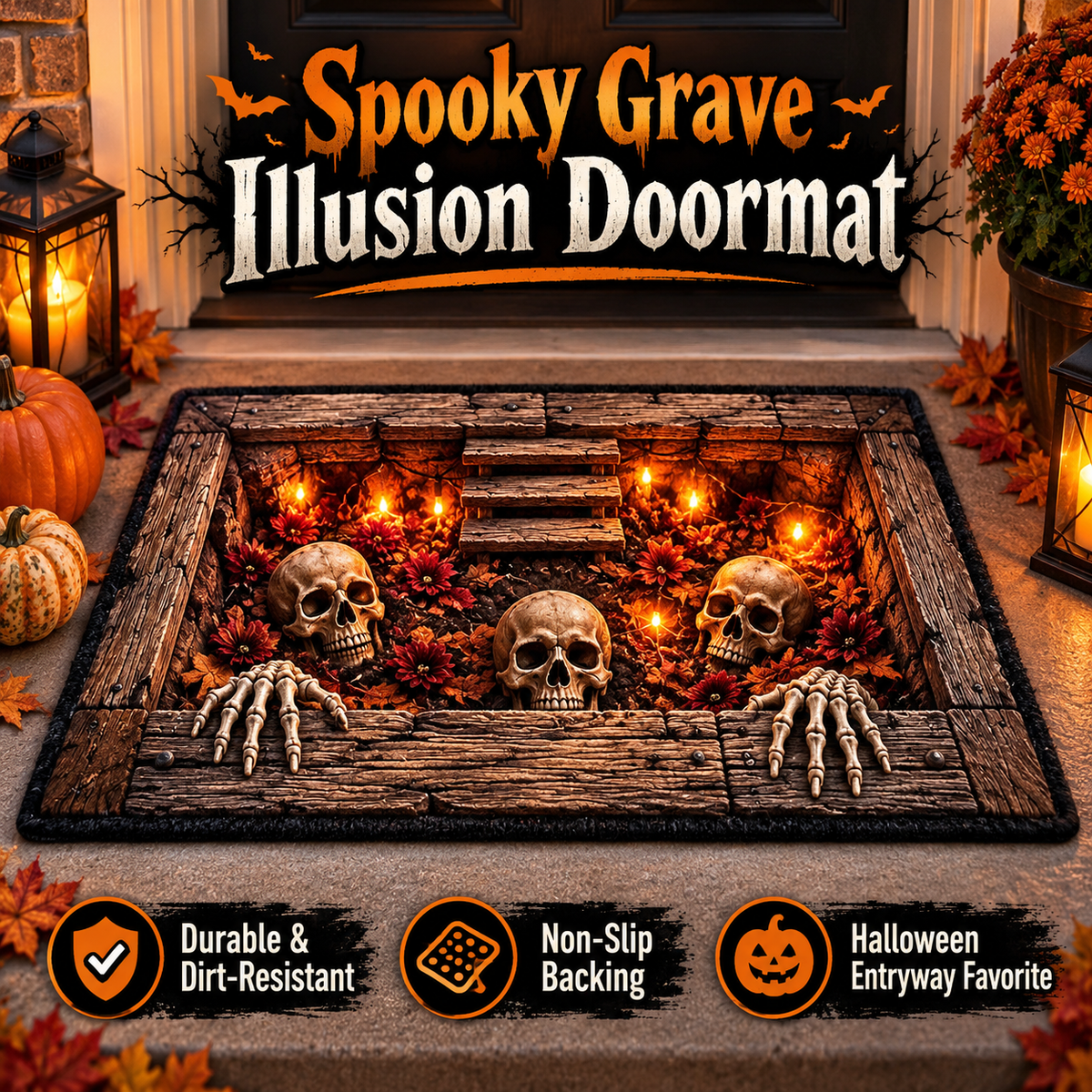💀 3D Grave Illusion Halloween Doormat 🎃 | Non-Slip Skull & Skeleton Entryway Rug for Indoor & Covered Outdoor Decor
