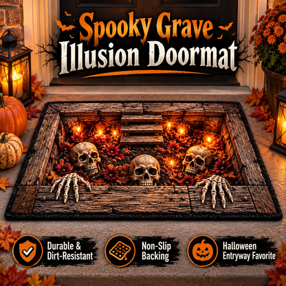 💀 3D Grave Illusion Halloween Doormat 🎃 | Non-Slip Skull & Skeleton Entryway Rug for Indoor & Covered Outdoor Decor