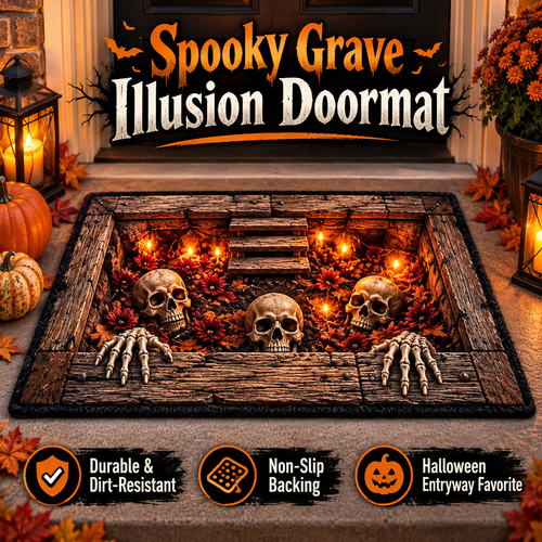 💀 3D Grave Illusion Halloween Doormat 🎃 | Non-Slip Skull & Skeleton Entryway Rug for Indoor & Covered Outdoor Decor