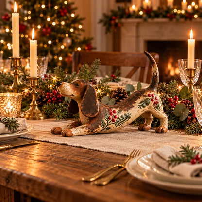 Christmas Dachshund Figurine – Rustic Farmhouse Holiday Dog Decor With Holly & Evergreen Accents