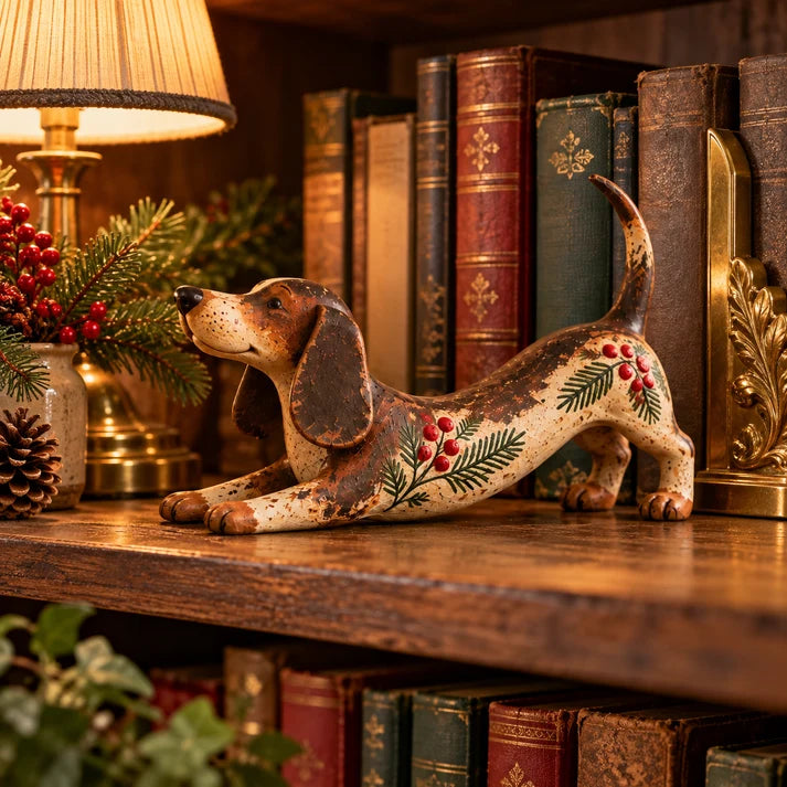 Christmas Dachshund Figurine – Rustic Farmhouse Holiday Dog Decor With Holly & Evergreen Accents