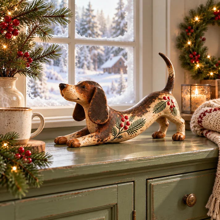 Christmas Dachshund Figurine – Rustic Farmhouse Holiday Dog Decor With Holly & Evergreen Accents