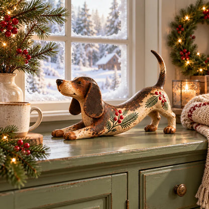 Christmas Dachshund Figurine – Rustic Farmhouse Holiday Dog Decor With Holly & Evergreen Accents