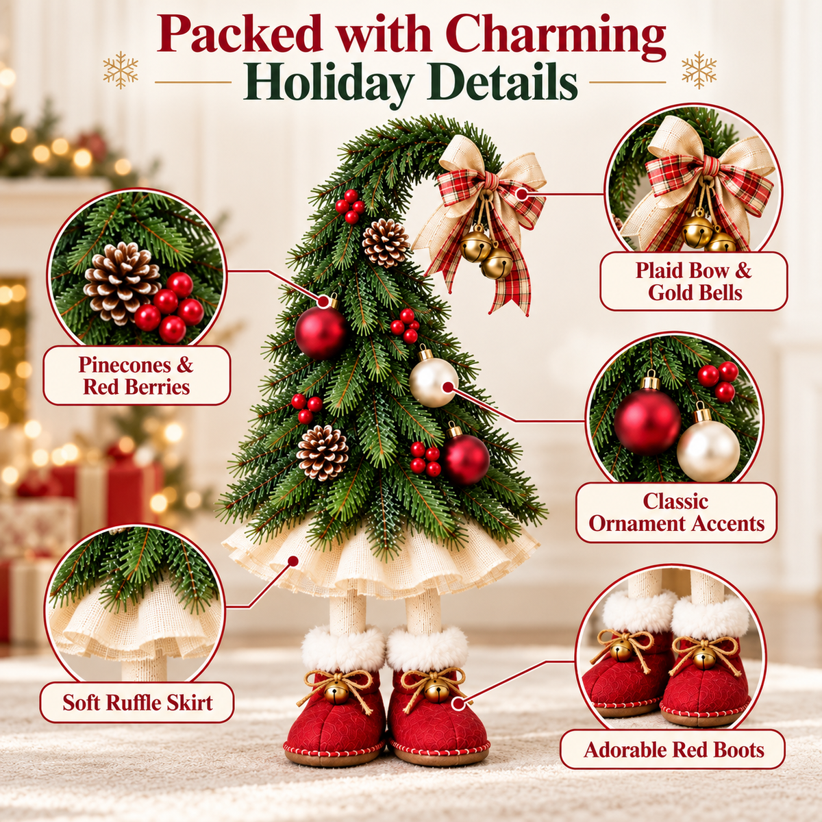 Whimsical Christmas Elf Tree Decor with Red Boots – Farmhouse Holiday Tabletop Accent