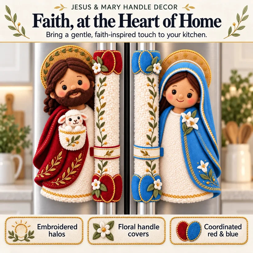 ⏳ Last Day 49% Off – ✝️ Jesus & Mary Plush Handle Huggers | Soft Faith-inspired Covers For Refrigerator Handles & Home Décor ❤️