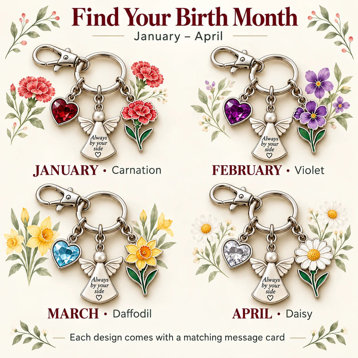 ⏳ Last Day 49% OFF —👼 Always By Your Side: Birth Month Angel & Flower Keychain + Keepsake Card 🌸