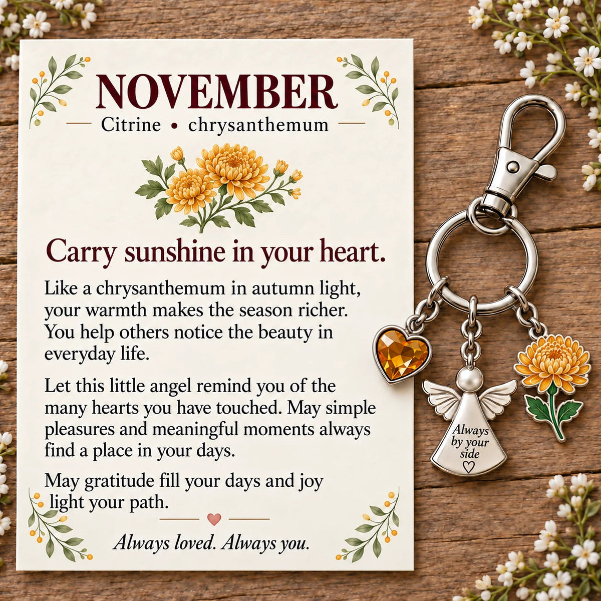 ⏳ Last Day 49% OFF —👼 Always By Your Side: Birth Month Angel & Flower Keychain + Keepsake Card 🌸