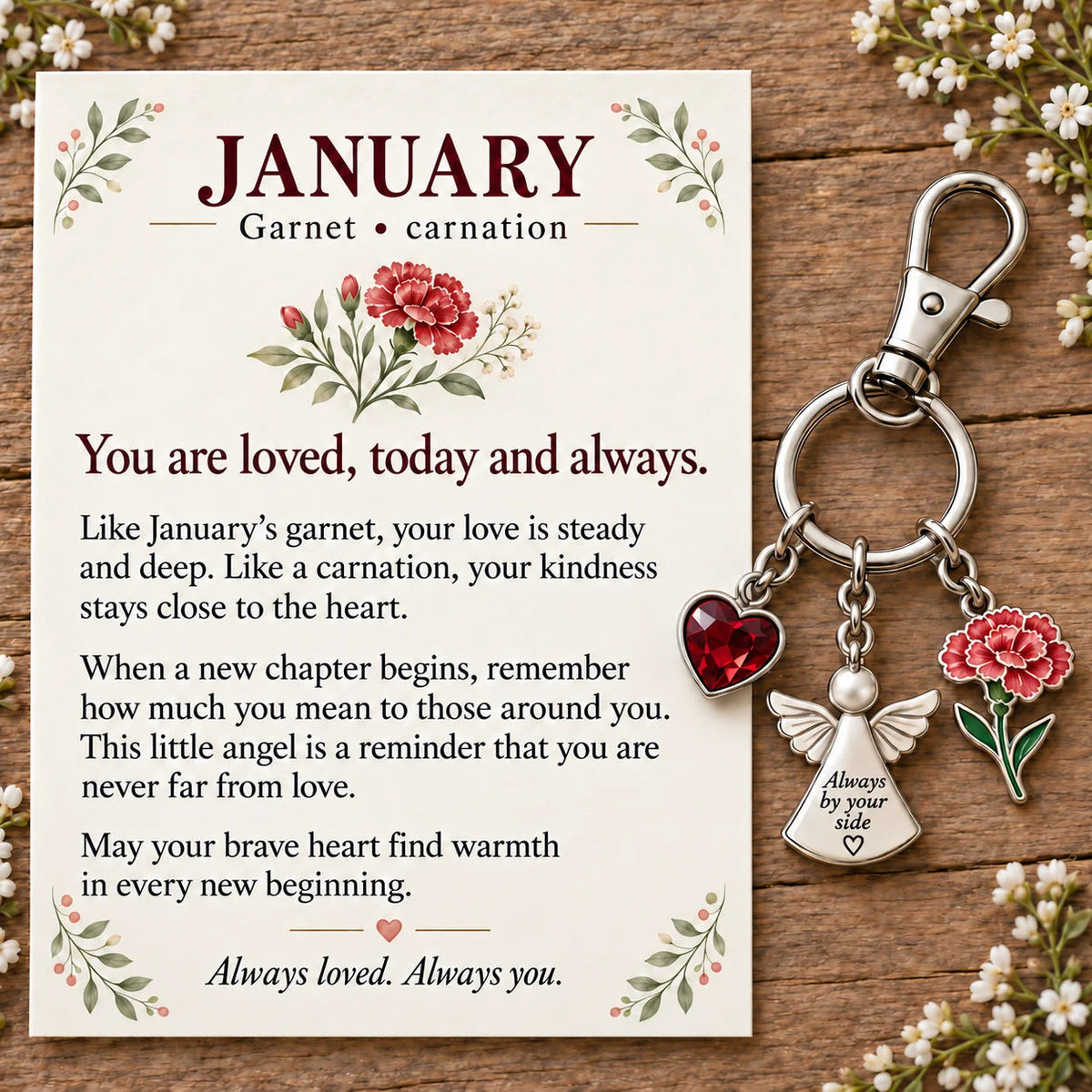 ⏳ Last Day 49% OFF —👼 Always By Your Side: Birth Month Angel & Flower Keychain + Keepsake Card 🌸