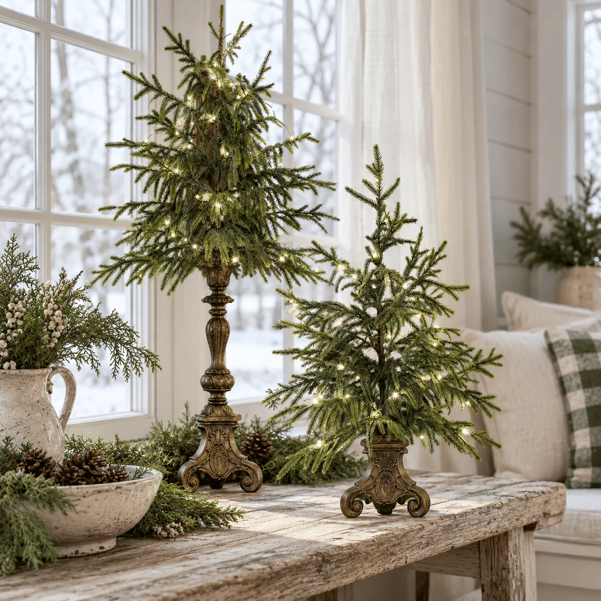 Vintage Lighted Norfolk Pine Trees – Warm White LED Christmas Tabletop Decor, 12″ & 18″