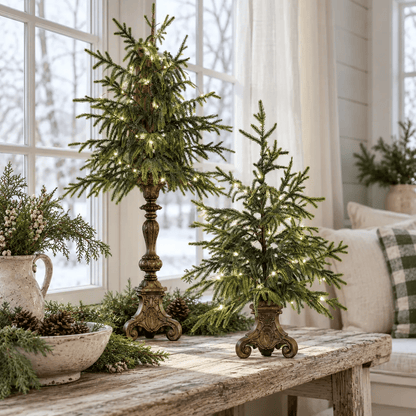 Vintage Lighted Norfolk Pine Trees – Warm White LED Christmas Tabletop Decor, 12″ & 18″
