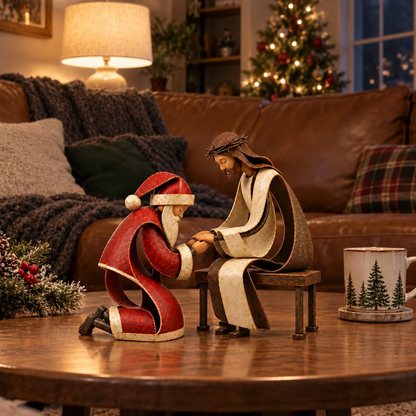 Santa Claus Kneeling Before Jesus Christ Christmas Religious Figurine