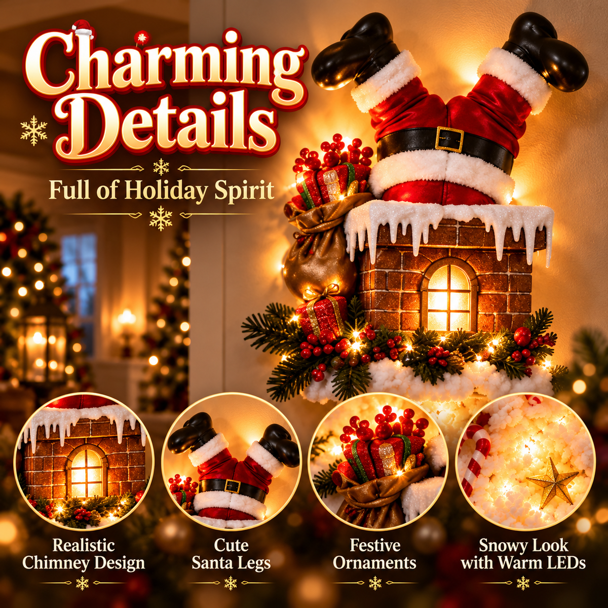 Stuck Santa Lighted Christmas Wall Tree – 4.9 FT Upside-Down Santa Chimney Decor