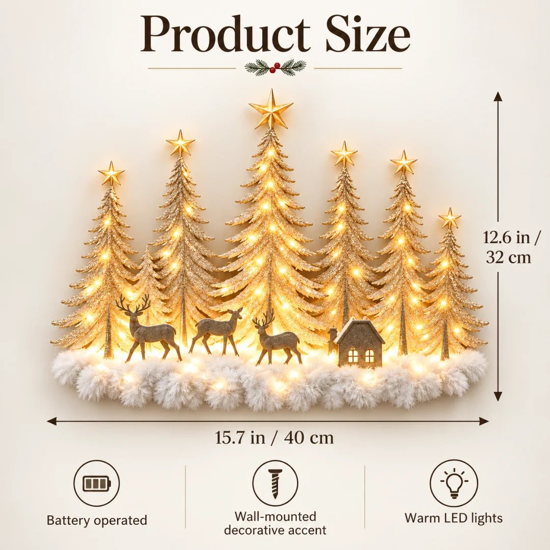 🌲 Lighted Winter Woodland Forest Wall Decor – Warm LED Christmas Tree, Deer & Cottage Scene