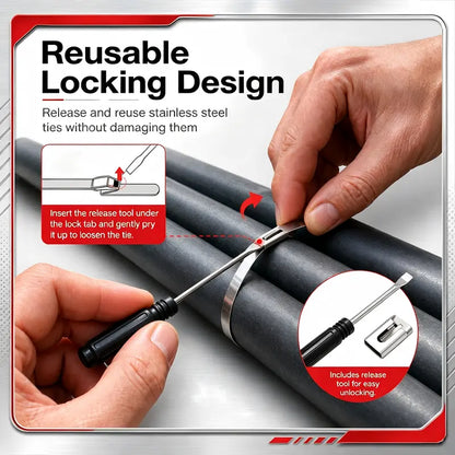 101-Piece Heavy-Duty Stainless Steel Cable Tie Tool Kit – 304 Self-Locking Metal Zip Ties with Tensioning Cutter & Release Tool