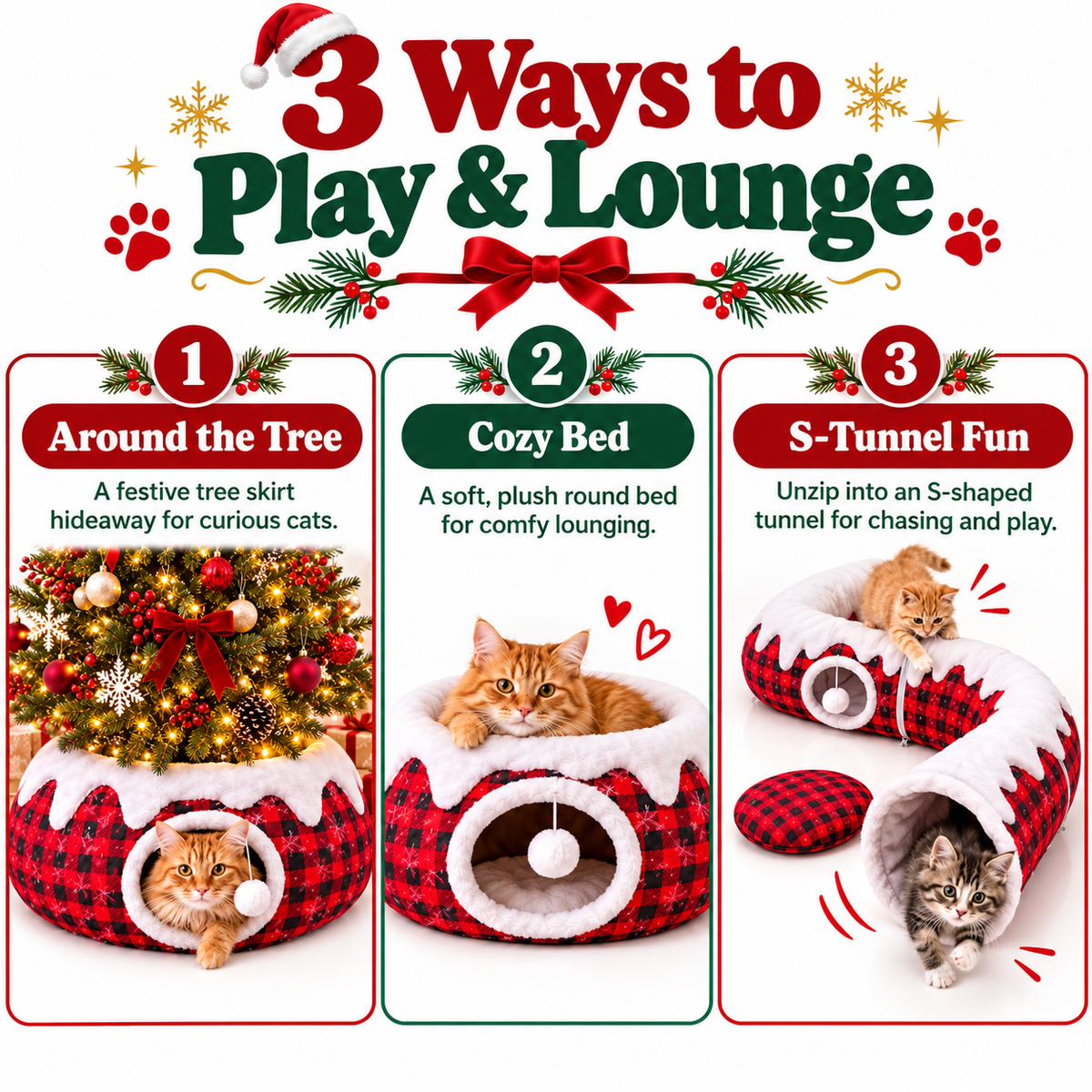 3-in-1 Christmas Tree Cat Tunnel Bed – Convertible S-Tunnel & Buffalo Plaid Tree Skirt