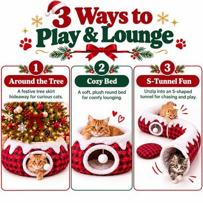 3-in-1 Christmas Tree Cat Tunnel Bed – Convertible S-Tunnel & Buffalo Plaid Tree Skirt
