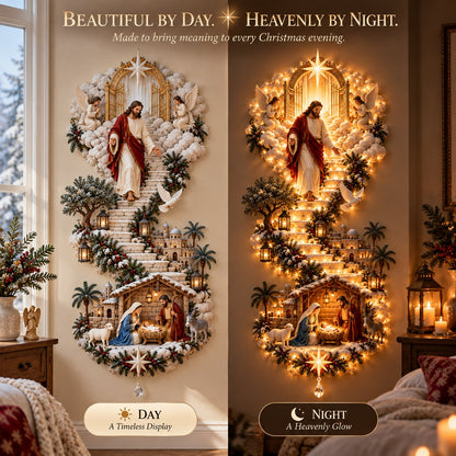 ✝️✨Jesus Light of Heaven Christmas Wall Hanging – Illuminated Nativity Scene Stairway & Holiday Wall Decor