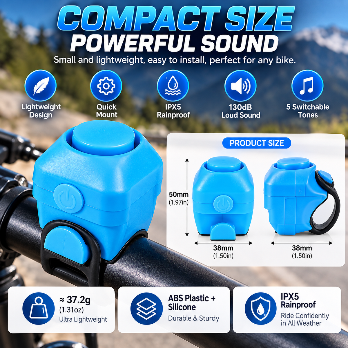 130dB Electronic Bike Horn – 5-Tone IPX5 Rainproof Bicycle Bell with Quick Silicone Mount