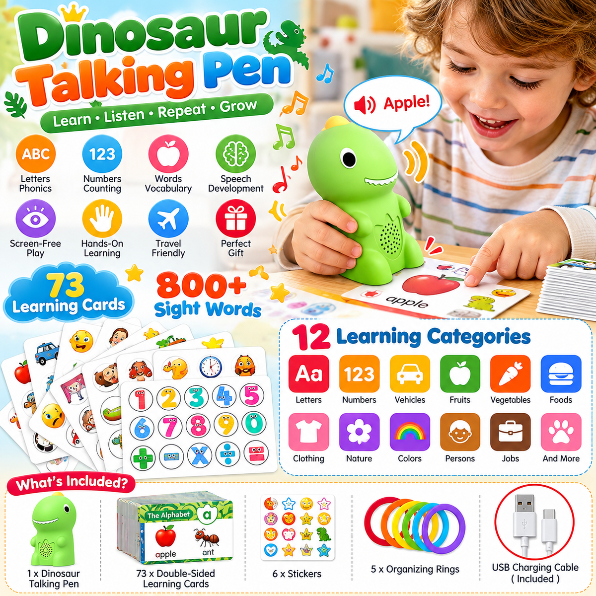 Dinosaur Talking Learning Pen with Phonics Cards – Screen-Free ABC, 123, Sight Words & Vocabulary Learning Toy for Kids