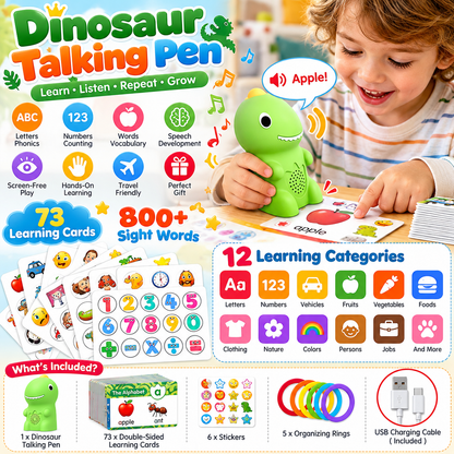 Dinosaur Talking Learning Pen with Phonics Cards – Screen-Free ABC, 123, Sight Words & Vocabulary Learning Toy for Kids