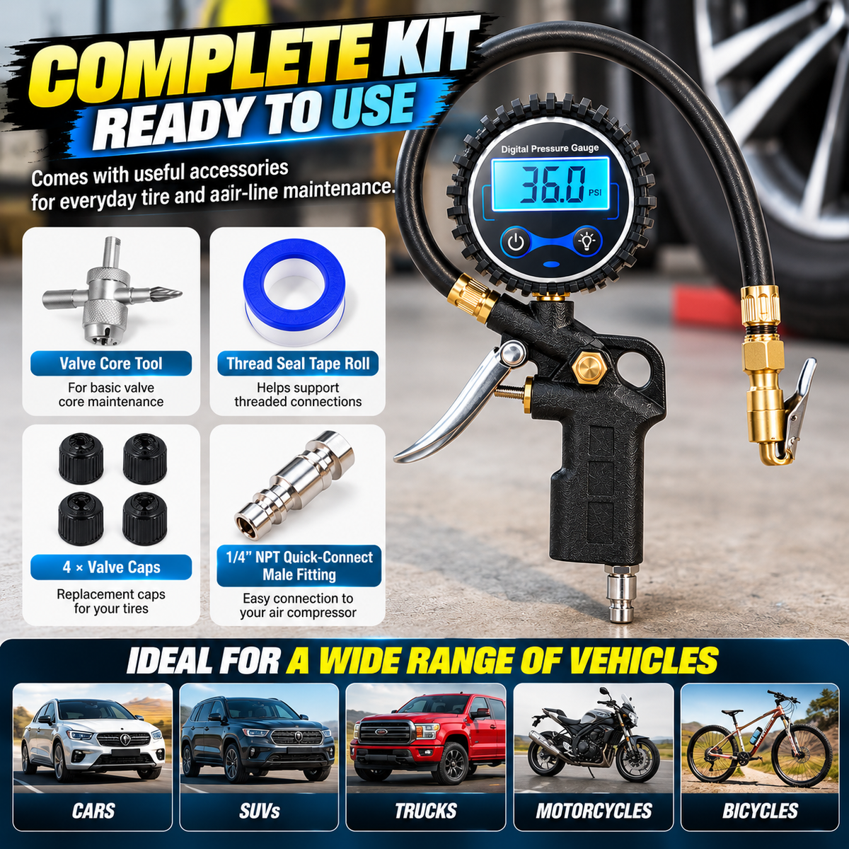 ⚡ Digital Tire Inflator Gauge — One Tool for Faster Tire Pressure Maintenance