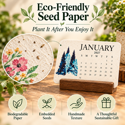 2027 Plantable Seed Paper Calendar With wooden bracket– 12-Month Botanical Desk Calendar, Eco-Friendly Gardening Gift