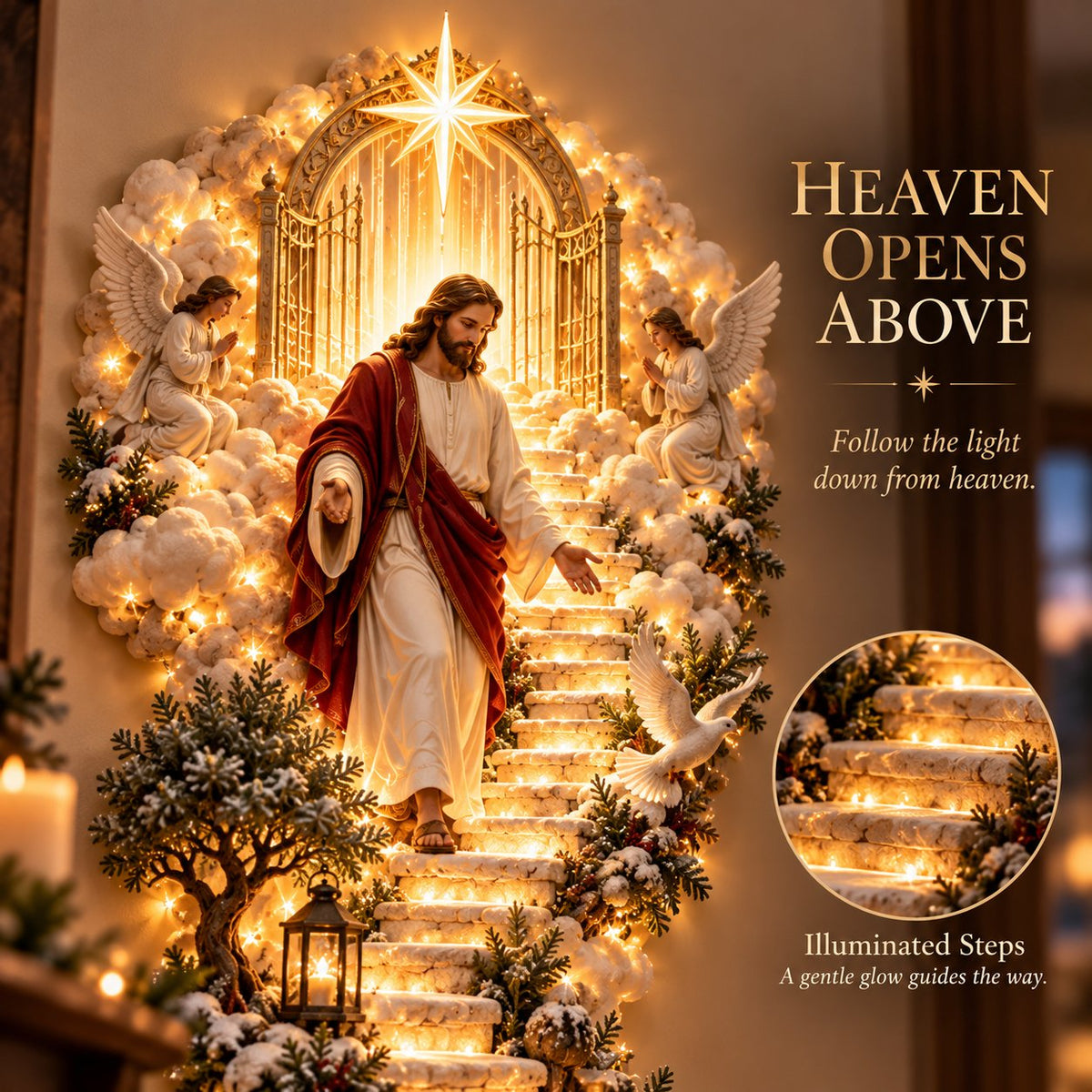 ✝️✨Jesus Light of Heaven Christmas Wall Hanging – Illuminated Nativity Scene Stairway & Holiday Wall Decor