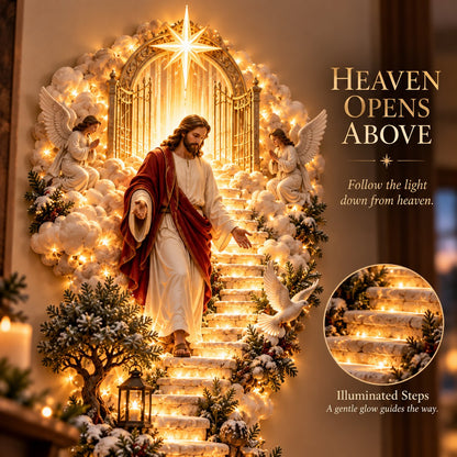 ✝️✨Jesus Light of Heaven Christmas Wall Hanging – Illuminated Nativity Scene Stairway & Holiday Wall Decor
