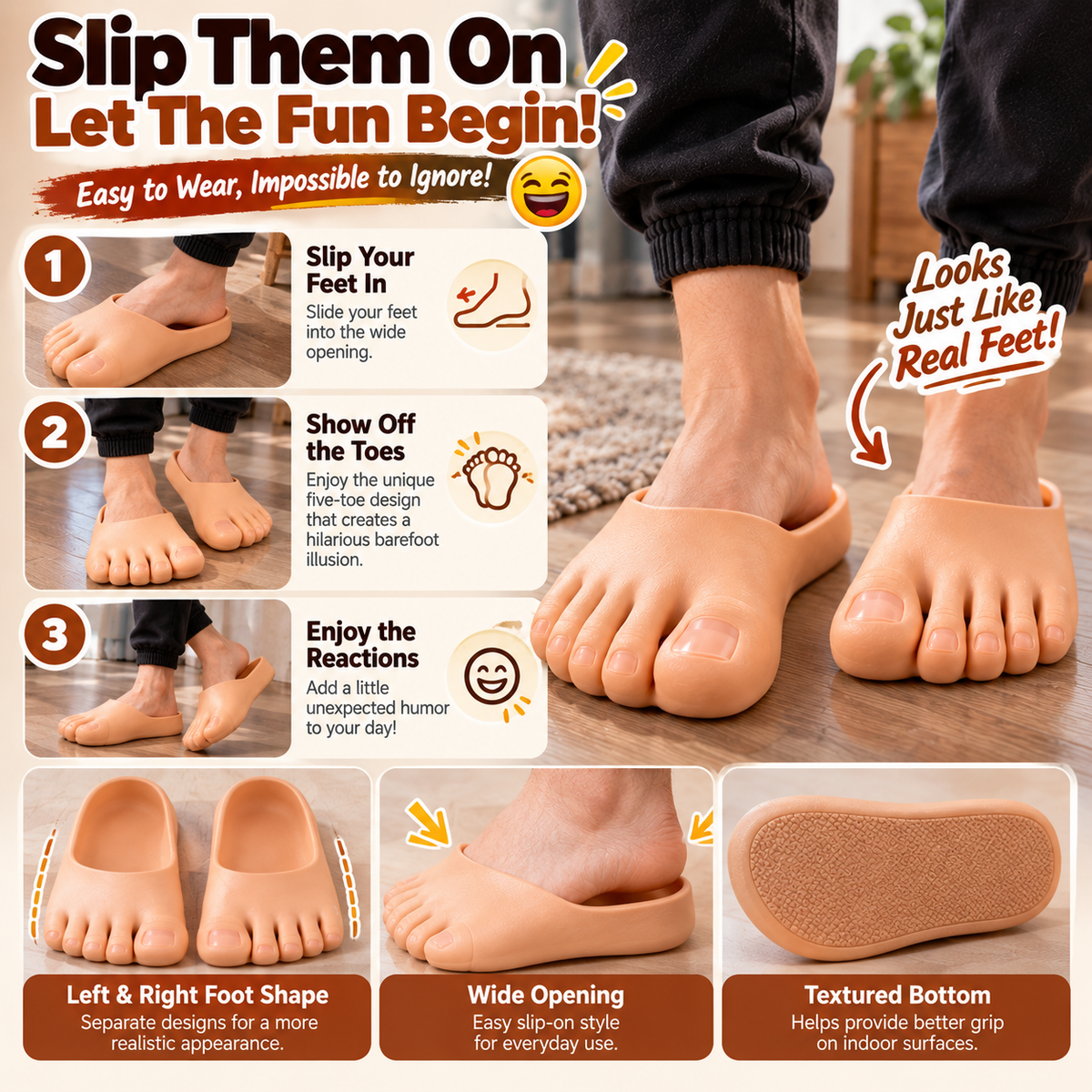🔥Last Day 50% OFF-😂 Realistic Barefoot Slippers – Funny Giant Toe Slides, Hilarious Prank Gift 👣