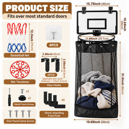 Over-the-Door Basketball Laundry Hamper – Space-Saving Mesh Clothes Basket with Hoop & Bottom Zipper