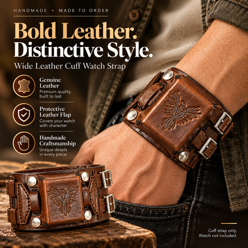 Leather Cuff Watch Strap with Personalized Flap, Brown Wide Handmade Watch Band for Apple
