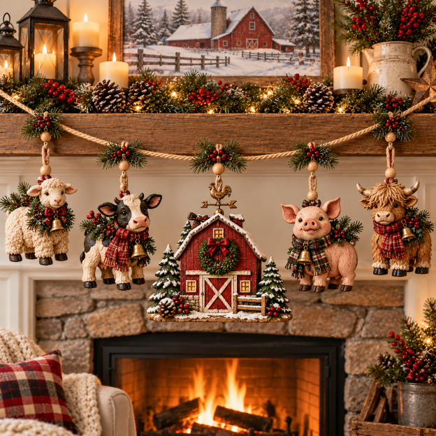 🔥Last Day 50% OFF –🐄 Christmas Farm Friends Hanging Mantel Garland