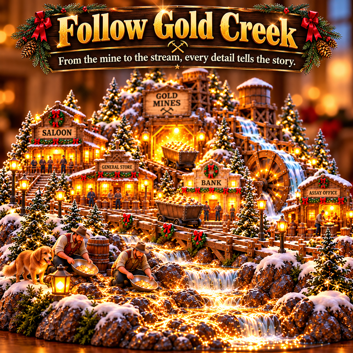 ⛏️✨ Gold Rush Christmas Mining Town™ – Lighted Old West Village with Moving Mine Cart & Gold Creek-USB-C Rechargeable