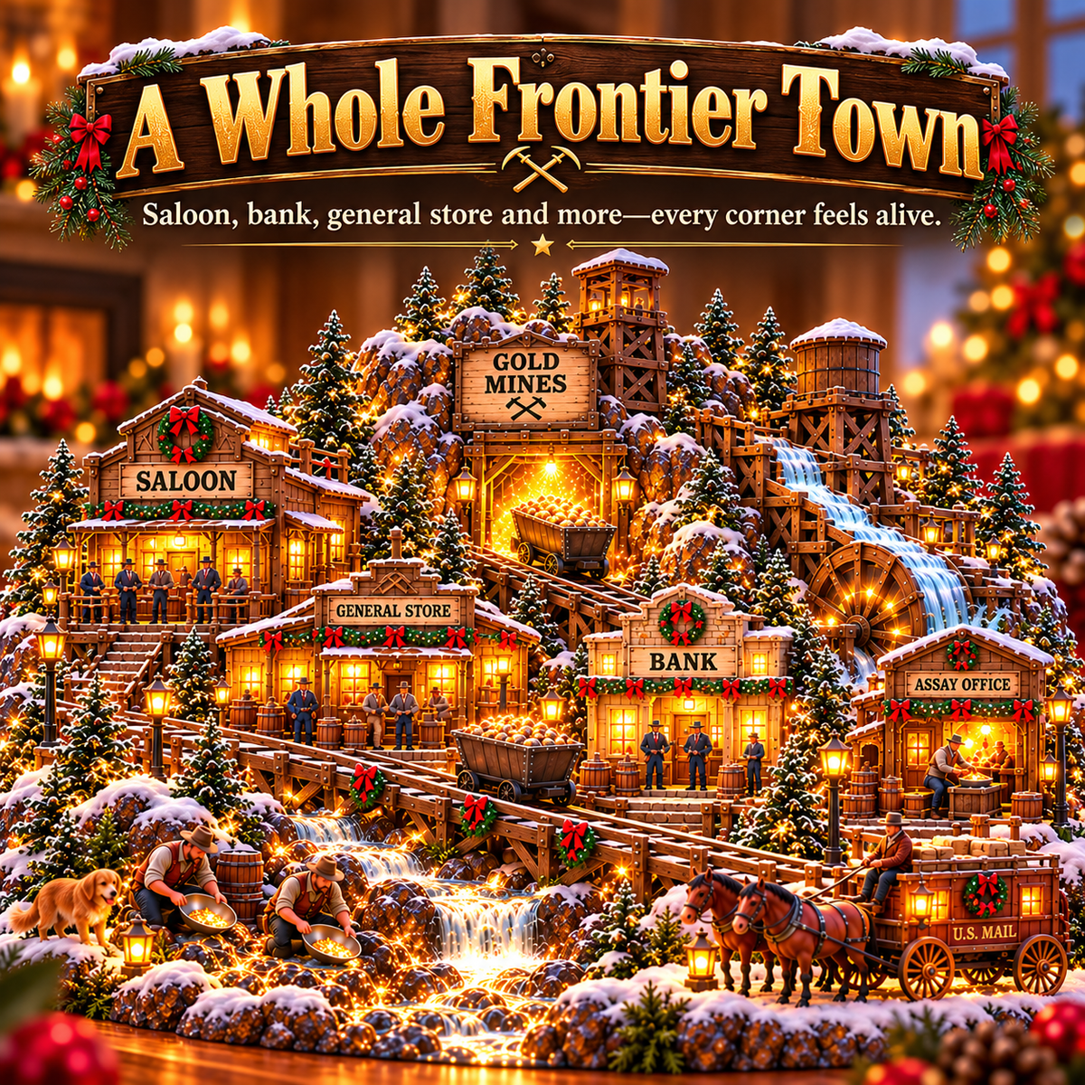 ⛏️✨ Gold Rush Christmas Mining Town™ – Lighted Old West Village with Moving Mine Cart & Gold Creek-USB-C Rechargeable