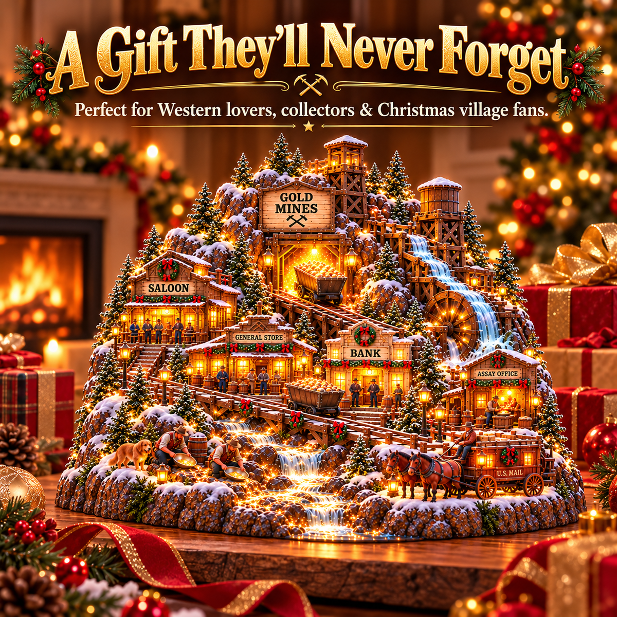 ⛏️✨ Gold Rush Christmas Mining Town™ – Lighted Old West Village with Moving Mine Cart & Gold Creek-USB-C Rechargeable