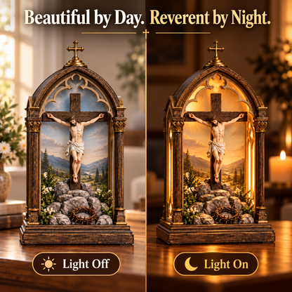 ✝️ Light of Calvary Illuminated Devotional Shrine – Jesus Crucifix Tabletop Prayer Decor