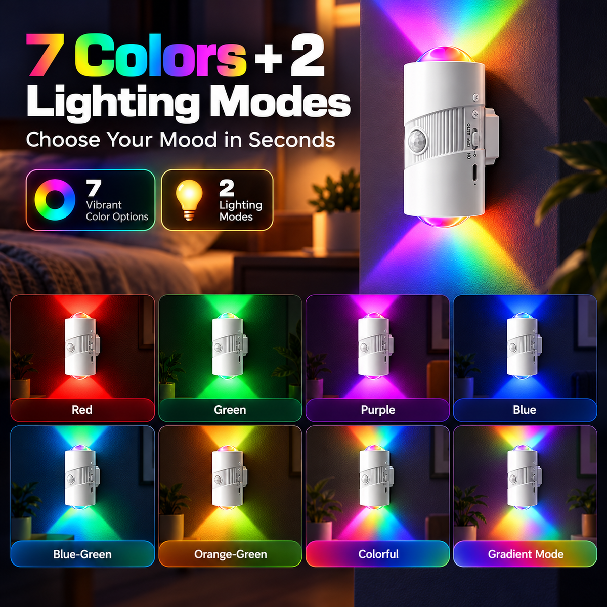 2-Pack Rechargeable RGB Motion Sensor Night Light – Magnetic Stick-On LED Wall Light