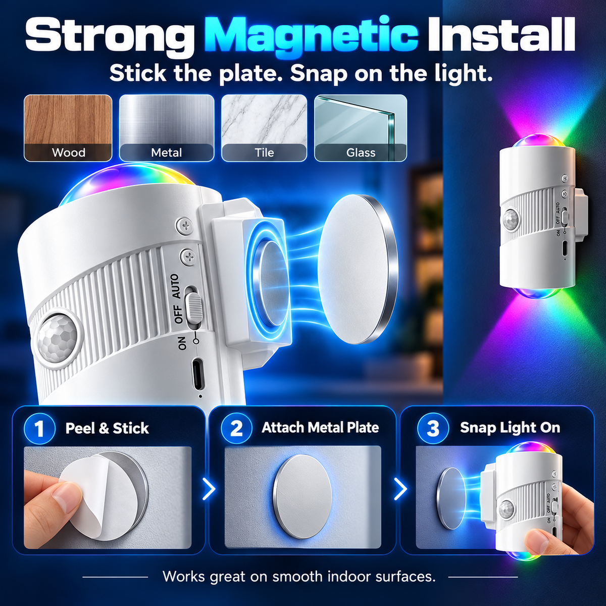 2-Pack Rechargeable RGB Motion Sensor Night Light – Magnetic Stick-On LED Wall Light