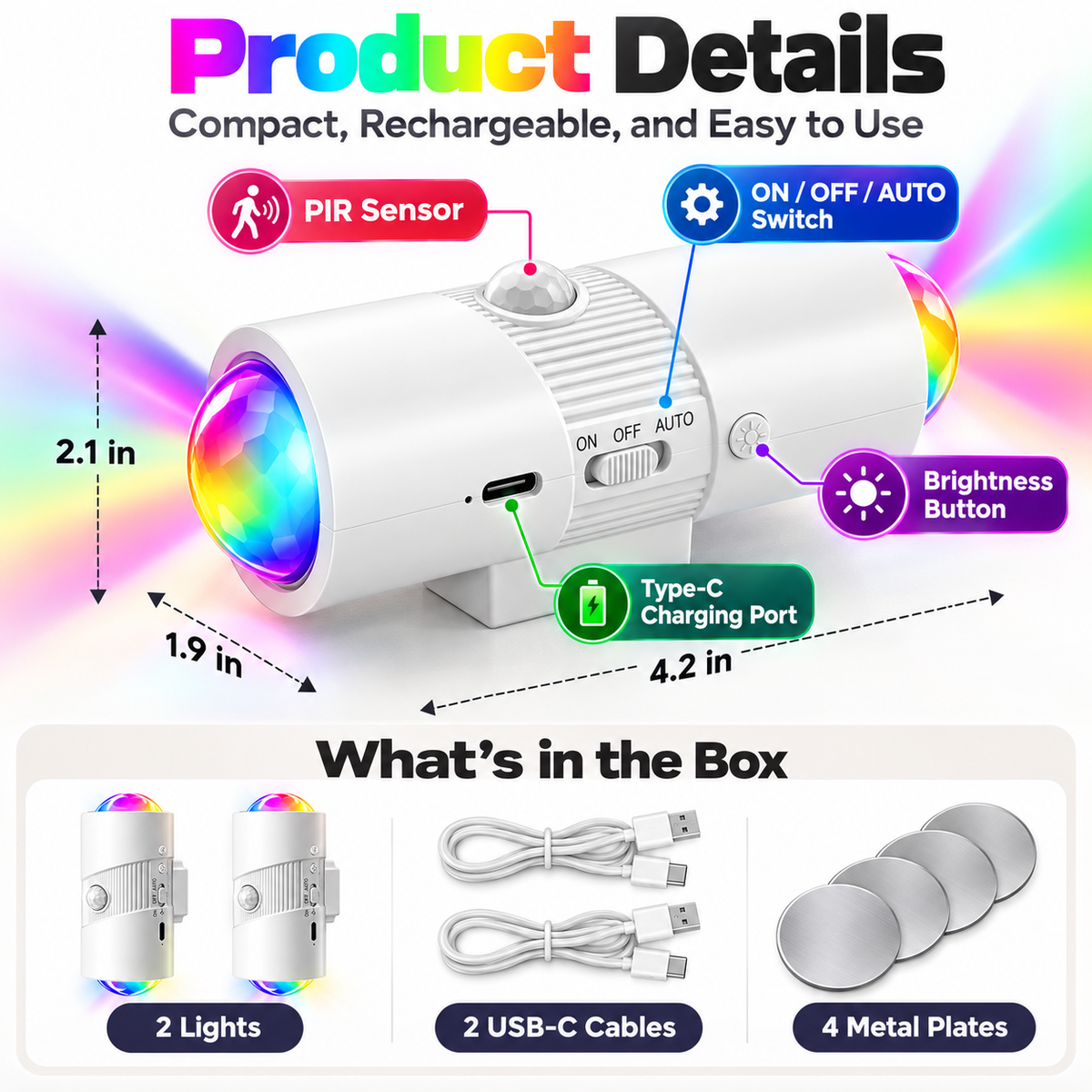 2-Pack Rechargeable RGB Motion Sensor Night Light – Magnetic Stick-On LED Wall Light