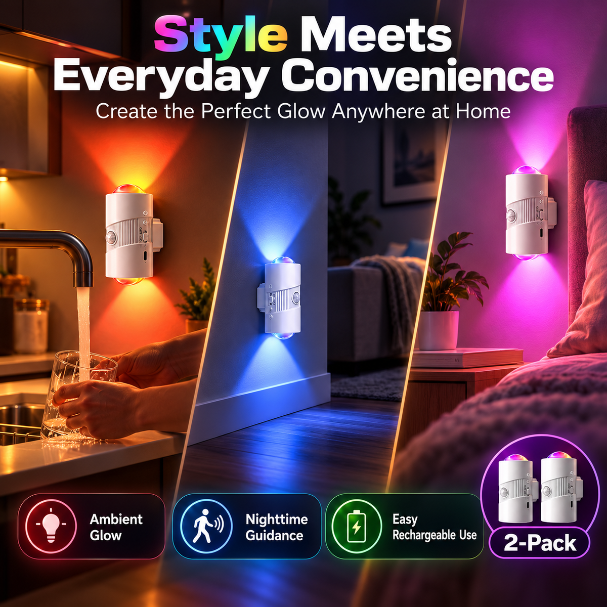2-Pack Rechargeable RGB Motion Sensor Night Light – Magnetic Stick-On LED Wall Light