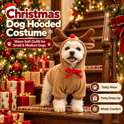 Christmas Reindeer Dog Hoodie – Cute Antler Hood with Red Nose & Bow for Small to Medium Dogs