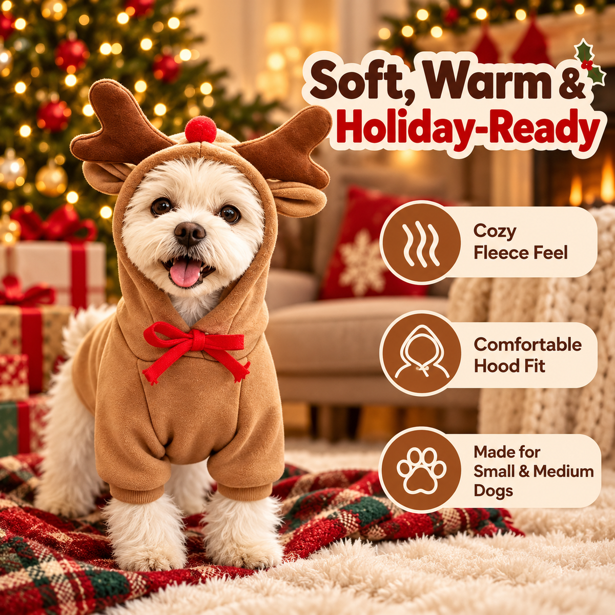 Christmas Reindeer Dog Hoodie – Cute Antler Hood with Red Nose & Bow for Small to Medium Dogs