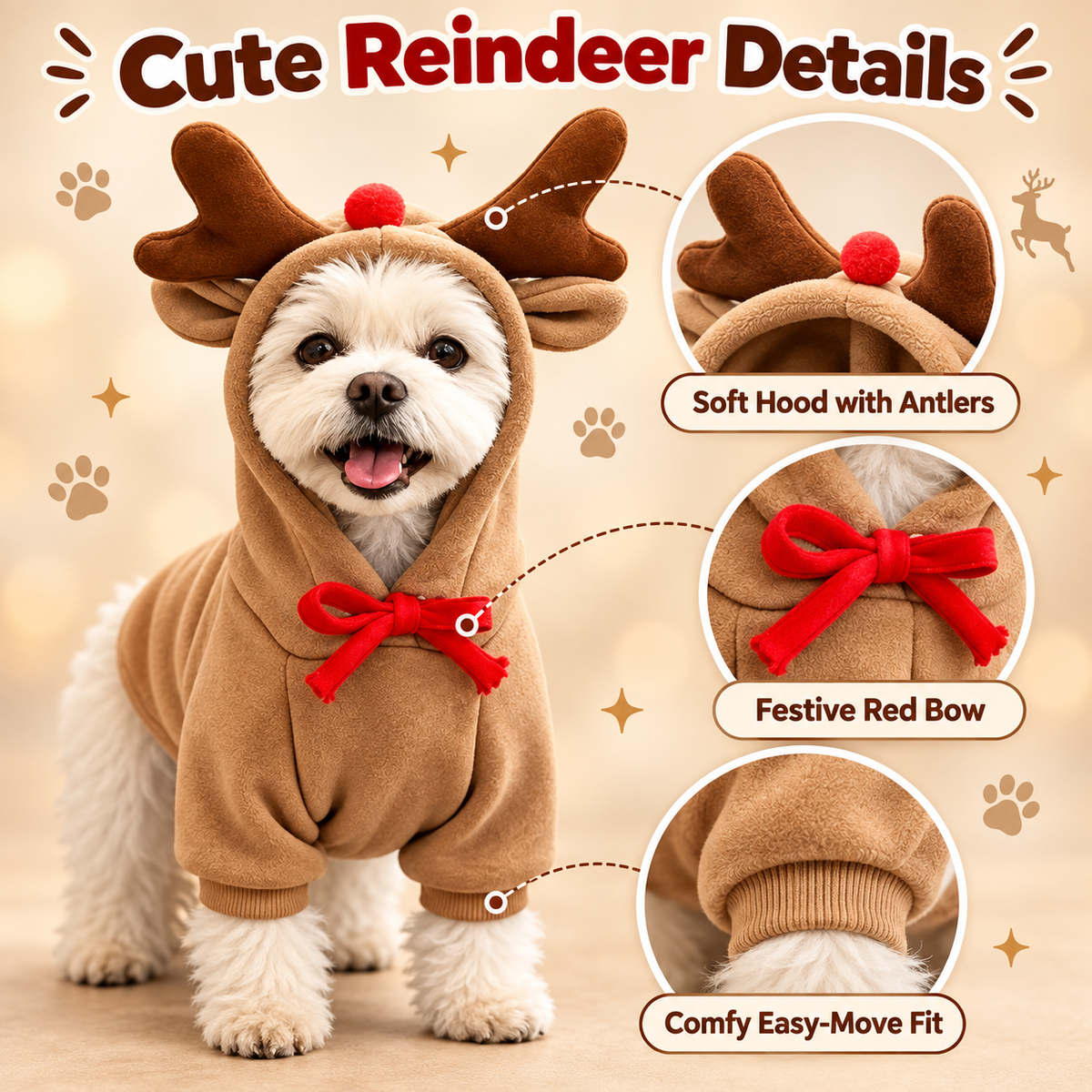 Christmas Reindeer Dog Hoodie – Cute Antler Hood with Red Nose & Bow for Small to Medium Dogs