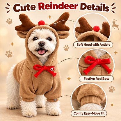 Christmas Reindeer Dog Hoodie – Cute Antler Hood with Red Nose & Bow for Small to Medium Dogs