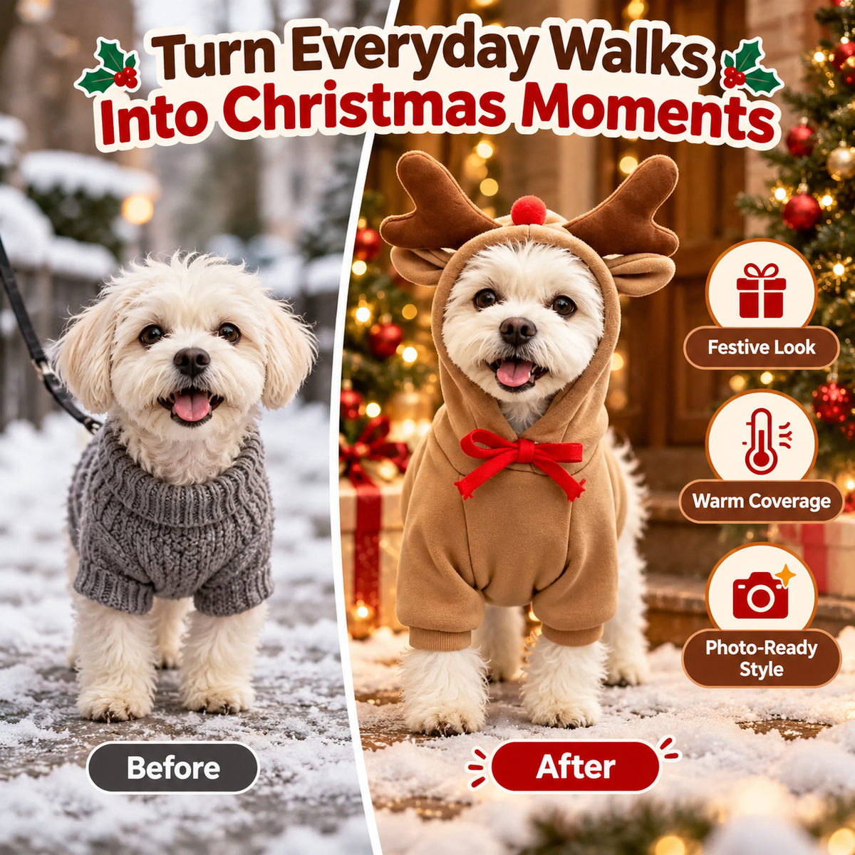 Christmas Reindeer Dog Hoodie – Cute Antler Hood with Red Nose & Bow for Small to Medium Dogs