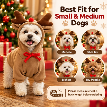 Christmas Reindeer Dog Hoodie – Cute Antler Hood with Red Nose & Bow for Small to Medium Dogs